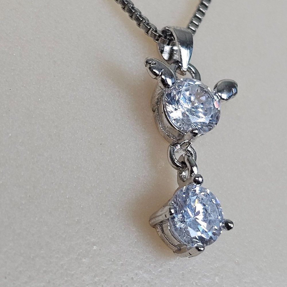 S 925 Sterling Silver Cubic‎ Zirconia Drop Pendant Box Chain Necklace Cat Mouse - Picture 4 of 15